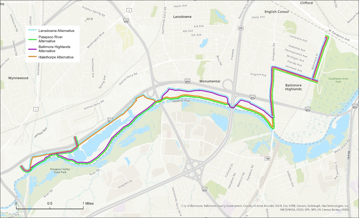 Four proposed routes for the trail segment.