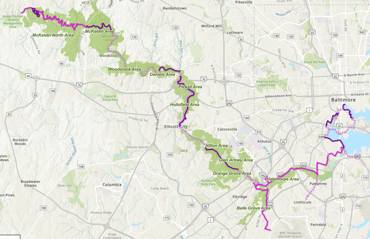 Image is of the existing, under design and planned sections of the Patapsco Regional Greenway