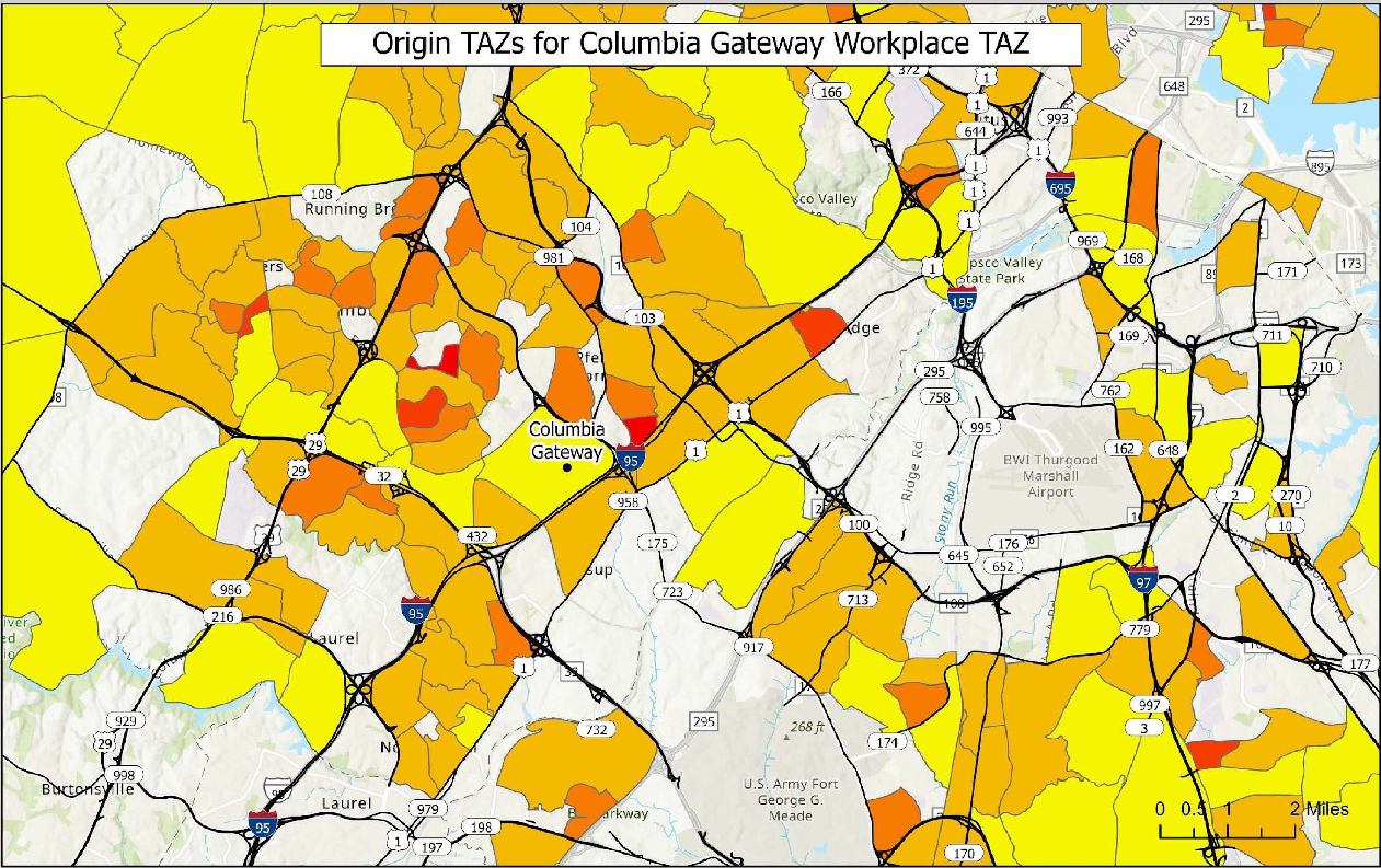 Origin TAZs for Columbia Gateway Workplace TAZ